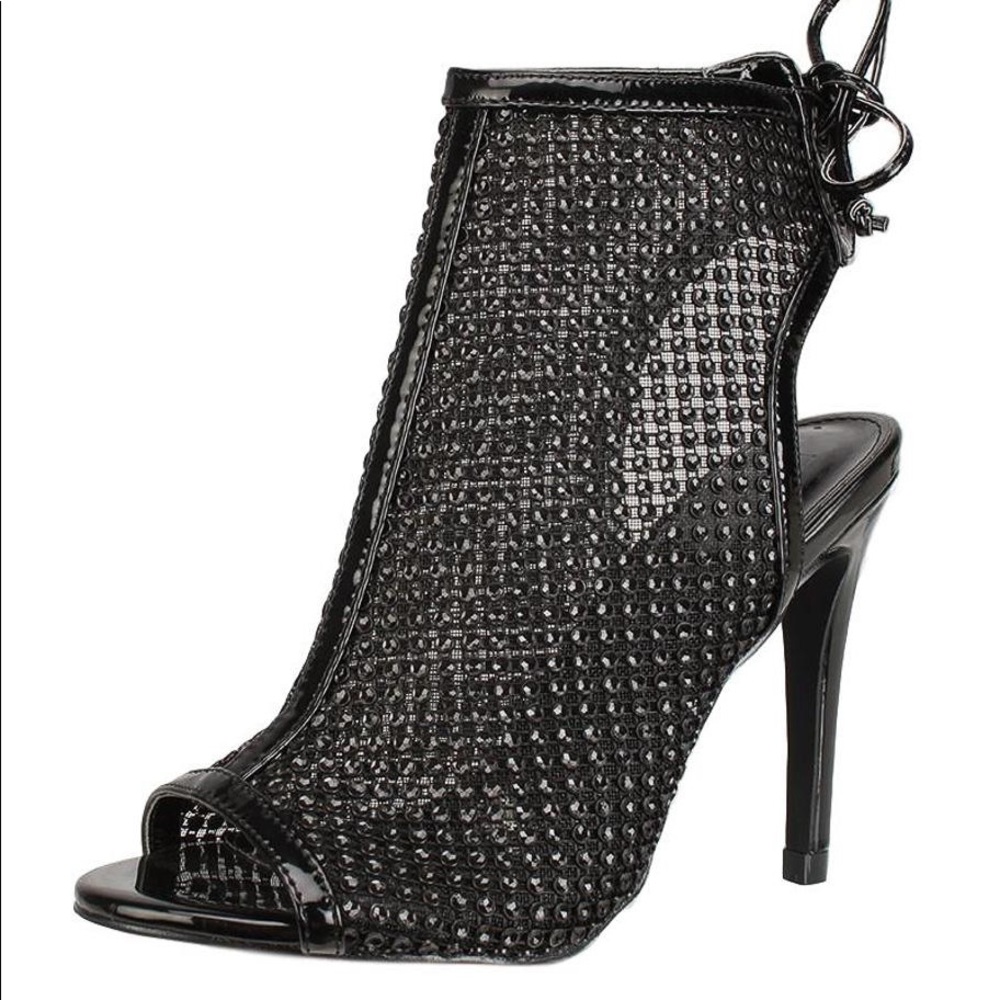 Sexy Black Peeptoe Rhinestone Mesh Strappy Lace Up High Heel Booties - Picture 3 of 4